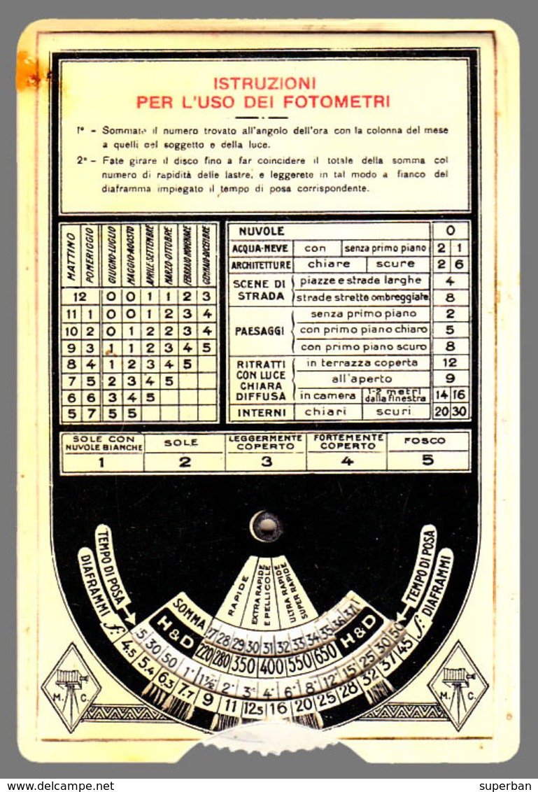 FOTOMETRO Per PELLICOLE CAPPELLI - MILANO / DISQUE PHOTOMÉTRIQUE Pour DÉTERMINER LE TEMPS DE POSE ~ 1910 - RRR ! (ae078) - Matériel & Accessoires