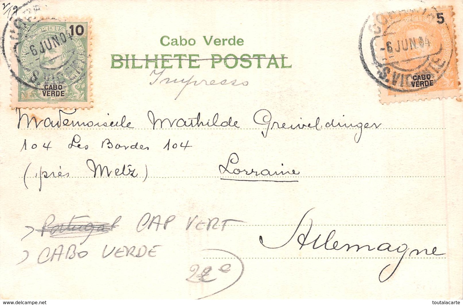 CPA CABO VERDE SAO VICENTE COSTUMES  1904 - Kaapverdische Eilanden
