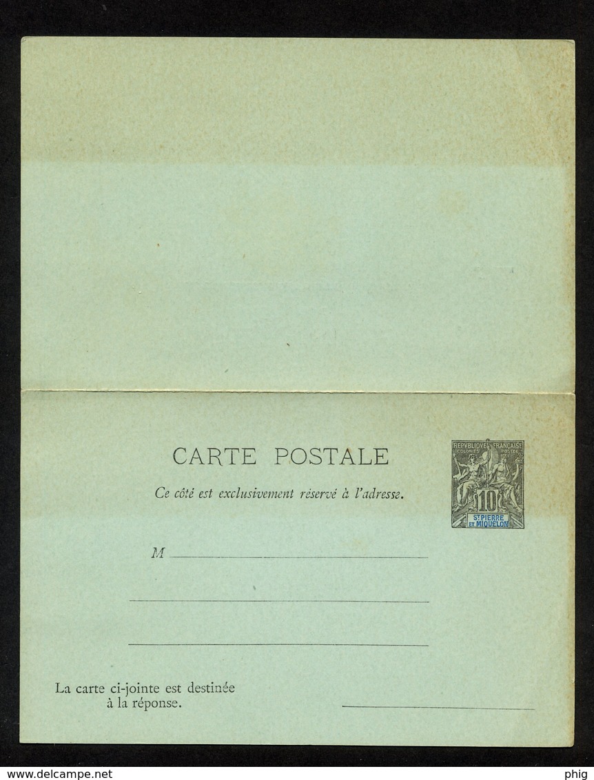 SPM - CARTE POSTALE AVEC REPONSE PAYEE DE 1892 N°7-CPRP " TYPE GROUPE ALLEGORIQUE " 10c NOIR SUR BLEU - BON ETAT - Entiers Postaux