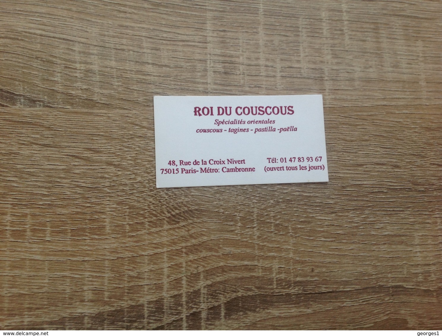 Carte De Visite De Restaurant.    Roi Du Couscous.   Paris 15eme. - Cartes De Visite