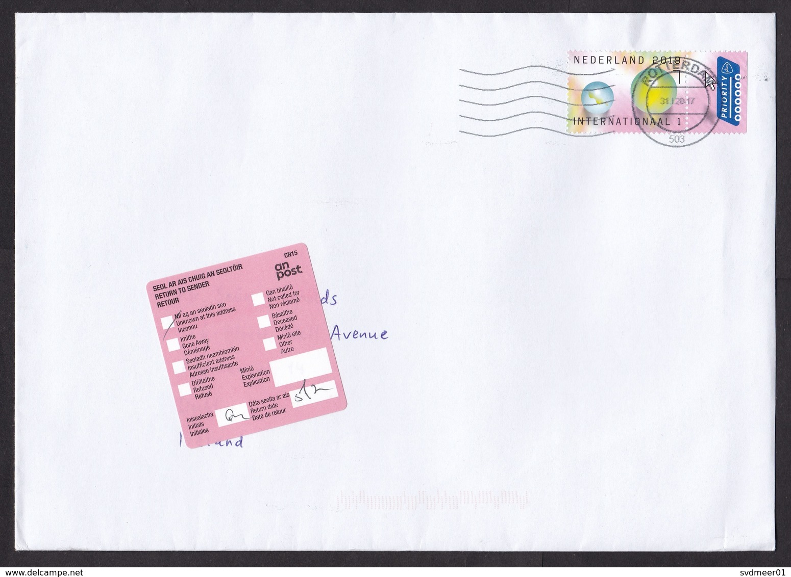 Netherlands: Priority Cover To Ireland, 2020, 1 Stamp+tab, Marble Toy, Returned, Retour Label CN15 (traces Of Use) - Lettres & Documents