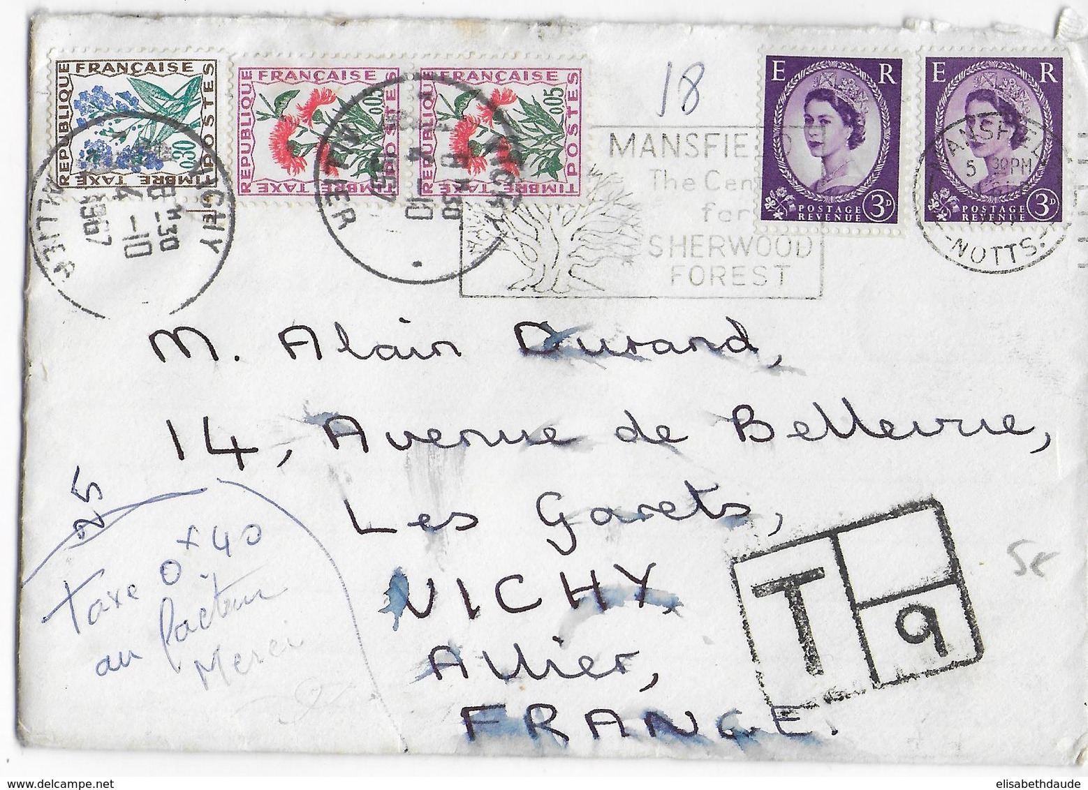 1967 - ENVELOPPE PETIT FORMAT De MANSFIELD (GB) => VICHY Avec TAXE FLEURS ! - 1960-.... Cartas & Documentos