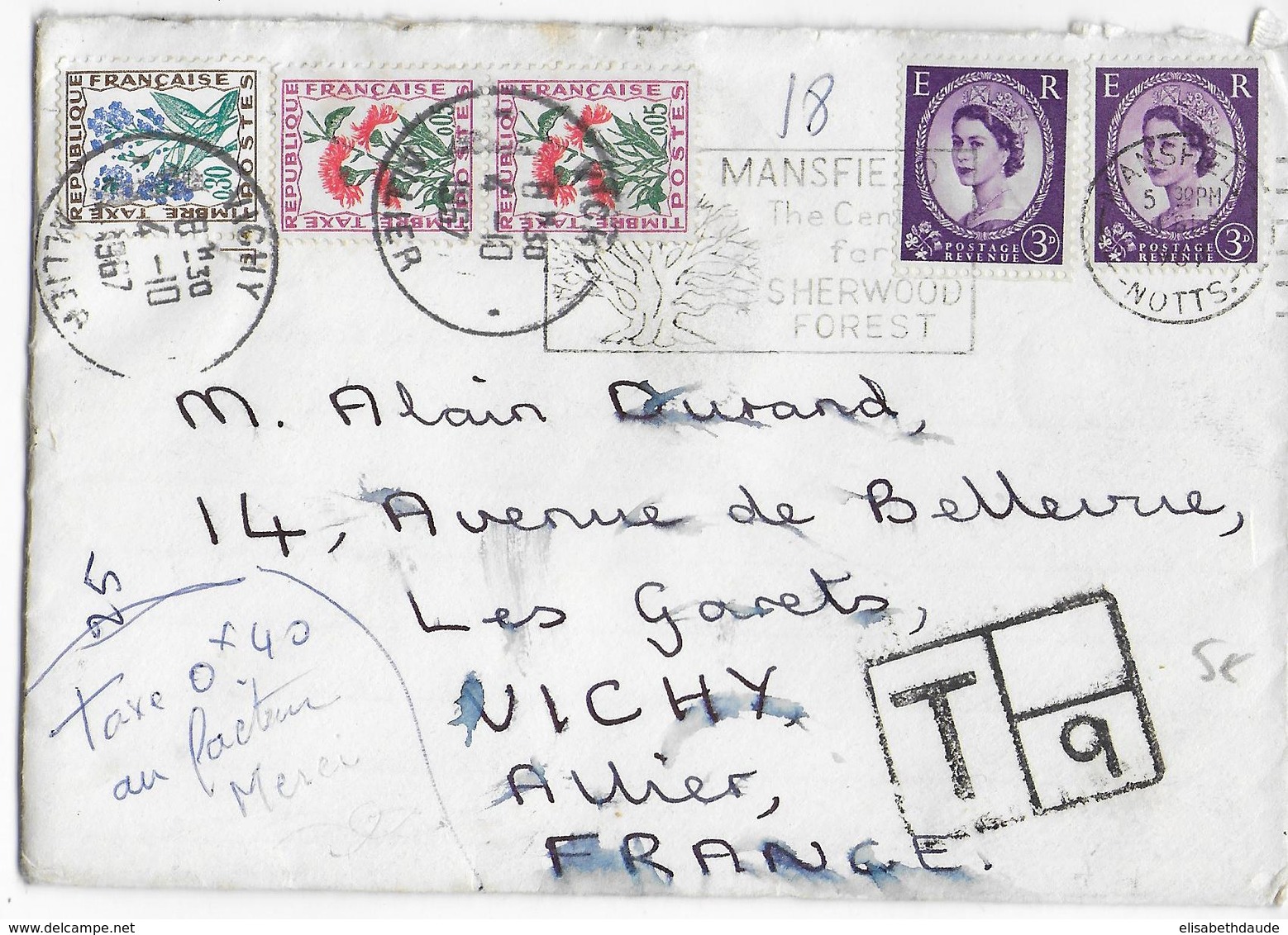 1967 - ENVELOPPE PETIT FORMAT De MANSFIELD (GB) => VICHY Avec TAXE FLEURS ! - 1960-.... Storia Postale