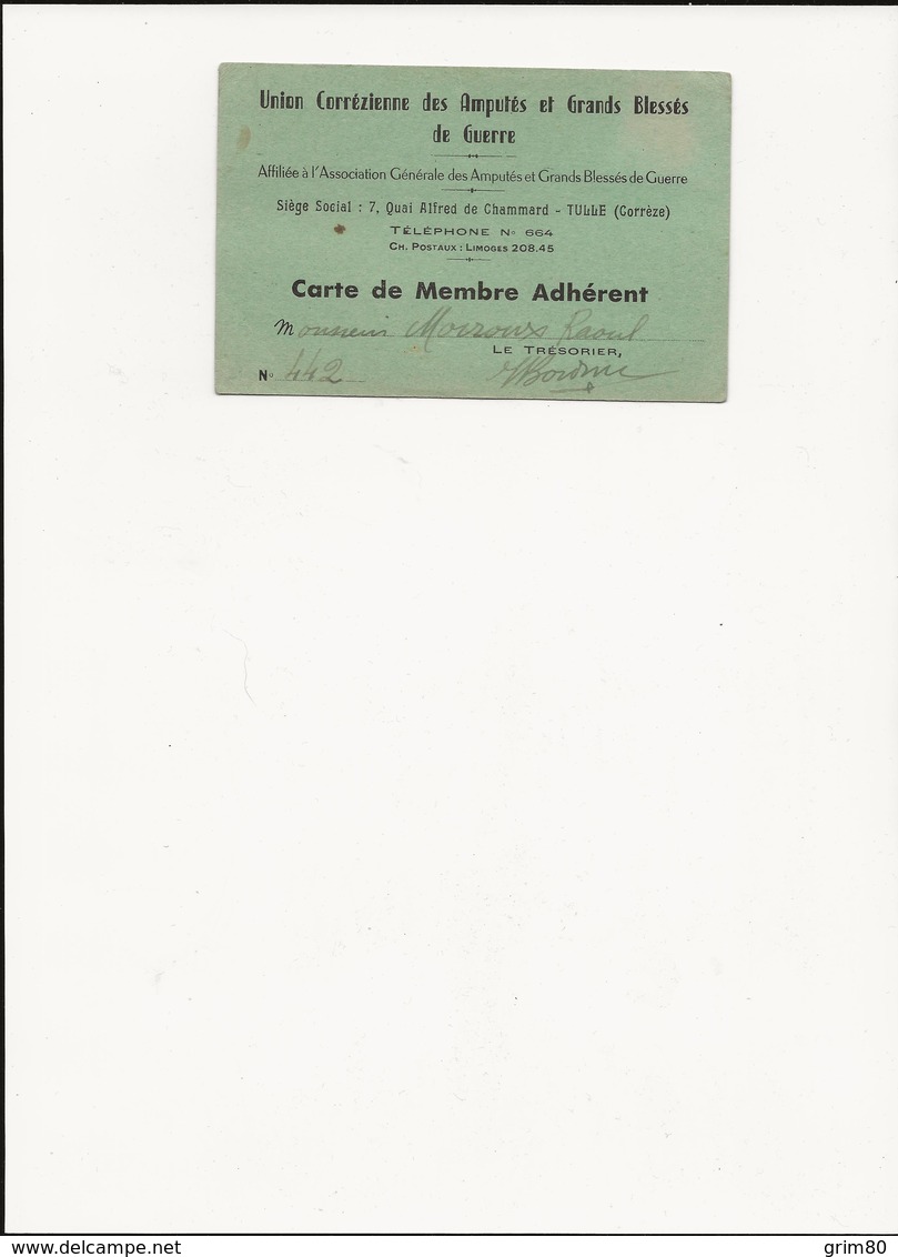 CARTE  DE  MEMBRE  ADHERENT     UNION CORREZIENNE   BLESSES  DE GUERRE - Documents