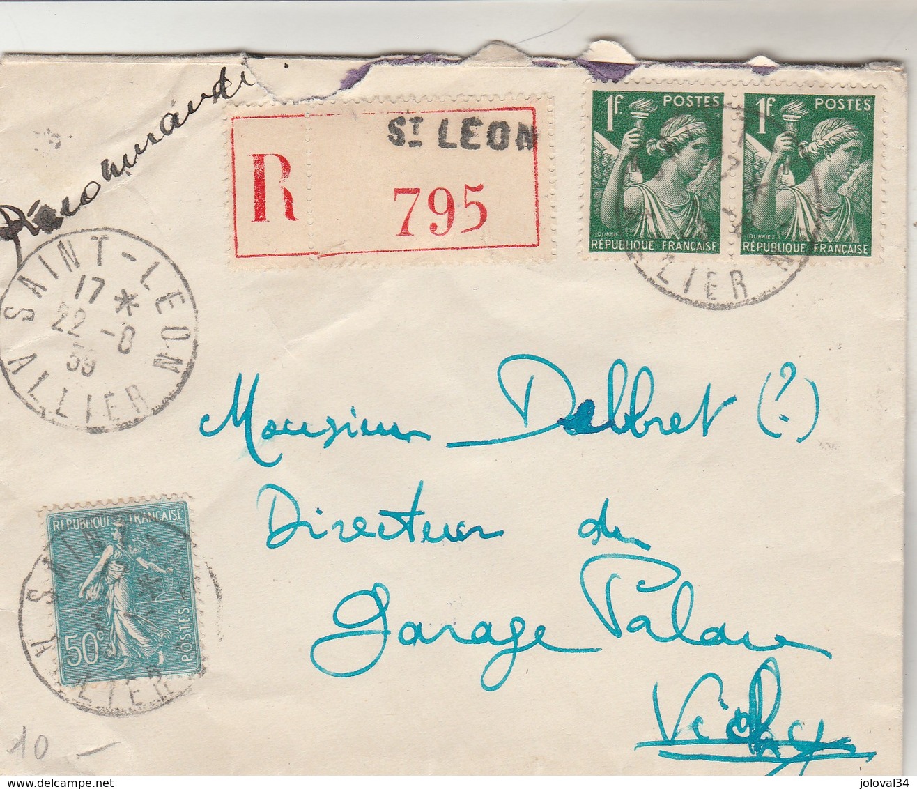 Yvert 362 Semeuse Lignée + 432 X 2 Paire Iris Sur Lettre Recommandée ST LEON Allier 22/8/1939 Pour Vichy - Lettres & Documents