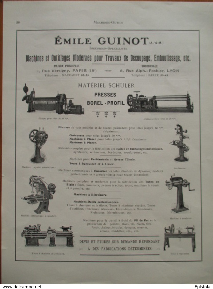 Machine Outils - Emile GUINOT (Arts Et Métiers) Lyon Rue A Fochier - Page Catalogue Technique De 1925 (Dims.22 X 30 Cm) - Machines