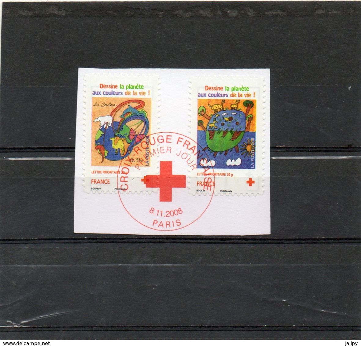 FRANCE   2 Timbres Lettre Prioritaire 20 G    2008   Y&T: 4306 Et 4307   Croix Rouge     Sur Fragment Oblitérés - Red Cross