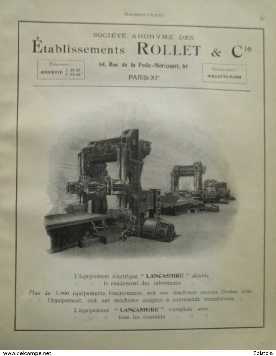 Machine Raboteuse - Ets ROLLET & Cie  - Page Catalogue Technique De 1925 (Dims.22 X 30 Cm) - Maschinen