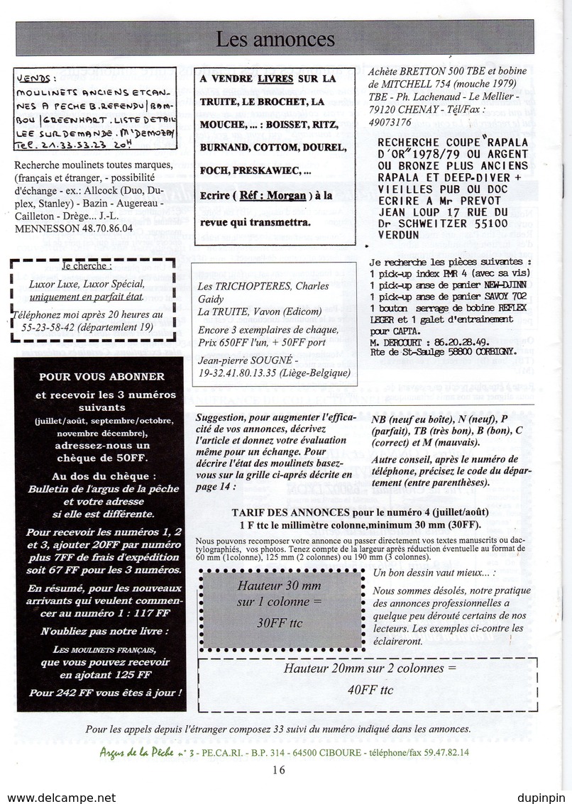 L'Argus De La Pêche - Bulletin De Liaison Des Collectionneurs De La "pêche" N°3 (Mai/juin 1996) - Fischen + Jagen