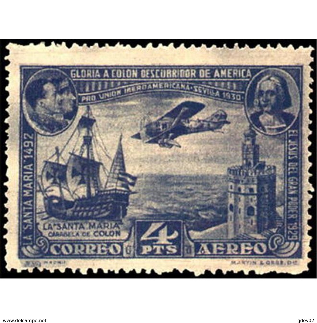 ES591FTV-LFT***591STTABA.Spain.Esgane.AVION,Pro Union IBEROAMERICANA AEREA.Avion.Travesia Del Atlantico.1930 (Ed 591**) - Barcos