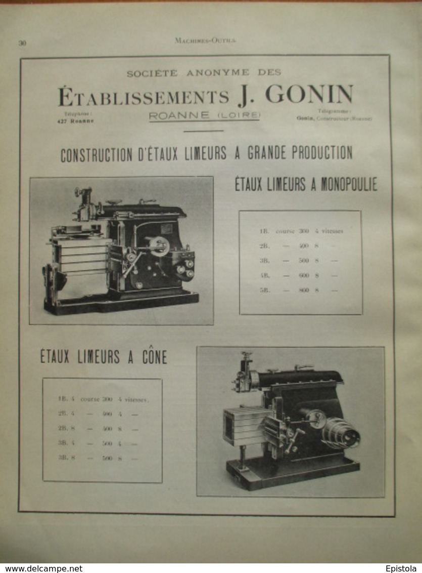 Machine Etau Limeur Ets J GONIN Roanne - Page Catalogue Technique De 1925 (Dims Env 22 X 30 Cm) - Maschinen