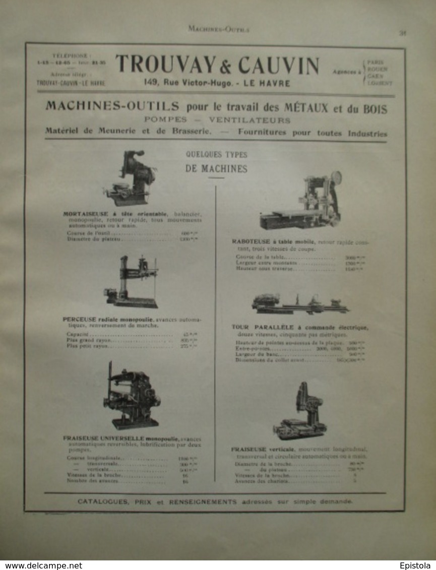 Machine Outil TROUVAY & CAUVIN  - LE HAVRE Rue Victor Hugo    - Page Catalogue Technique De 1925 (Dims Env 22 X 30 Cm) - Maschinen