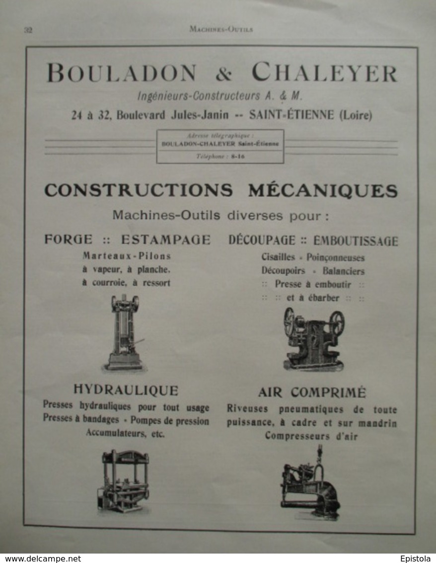 Machine Outil BOULADON & CHALEYER (Arts Et Métiers) St Etienne - Page Catalogue Technique De 1925 (Dims Env 22 X 30 Cm) - Maschinen