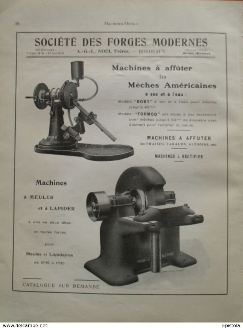 Machine Rectifieuse BOBY & FORMOD - Forges Modernes Bordeaux  - Page Catalogue Technique De 1925 (Dims Env 22 X 30 Cm) - Maschinen