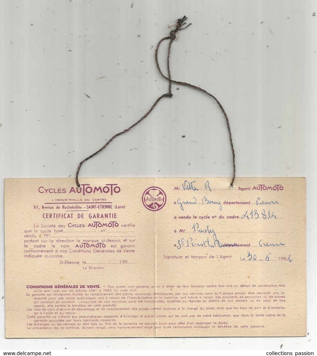 Publicité , étiquette , Cycles AUTOMOTO ,SAINT ETIENNE , 1952 ,  2 Scans,frais Fr 1.45 E - Pubblicitari