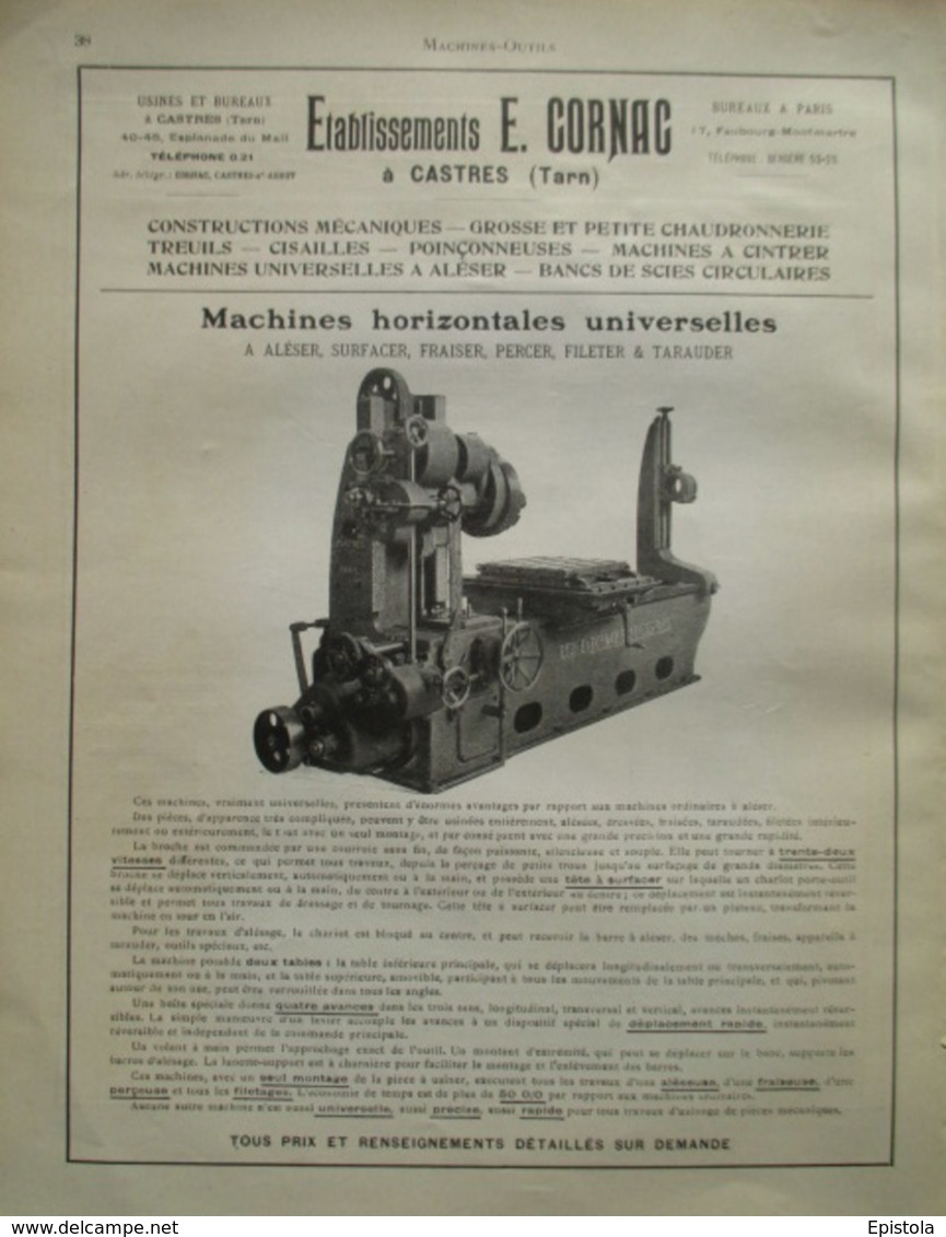 Machine Outil - Ets CORNAC à Castres (Tarn) - Page Catalogue Technique De 1925 (Dims Env 22 X 30 Cm) - Maschinen