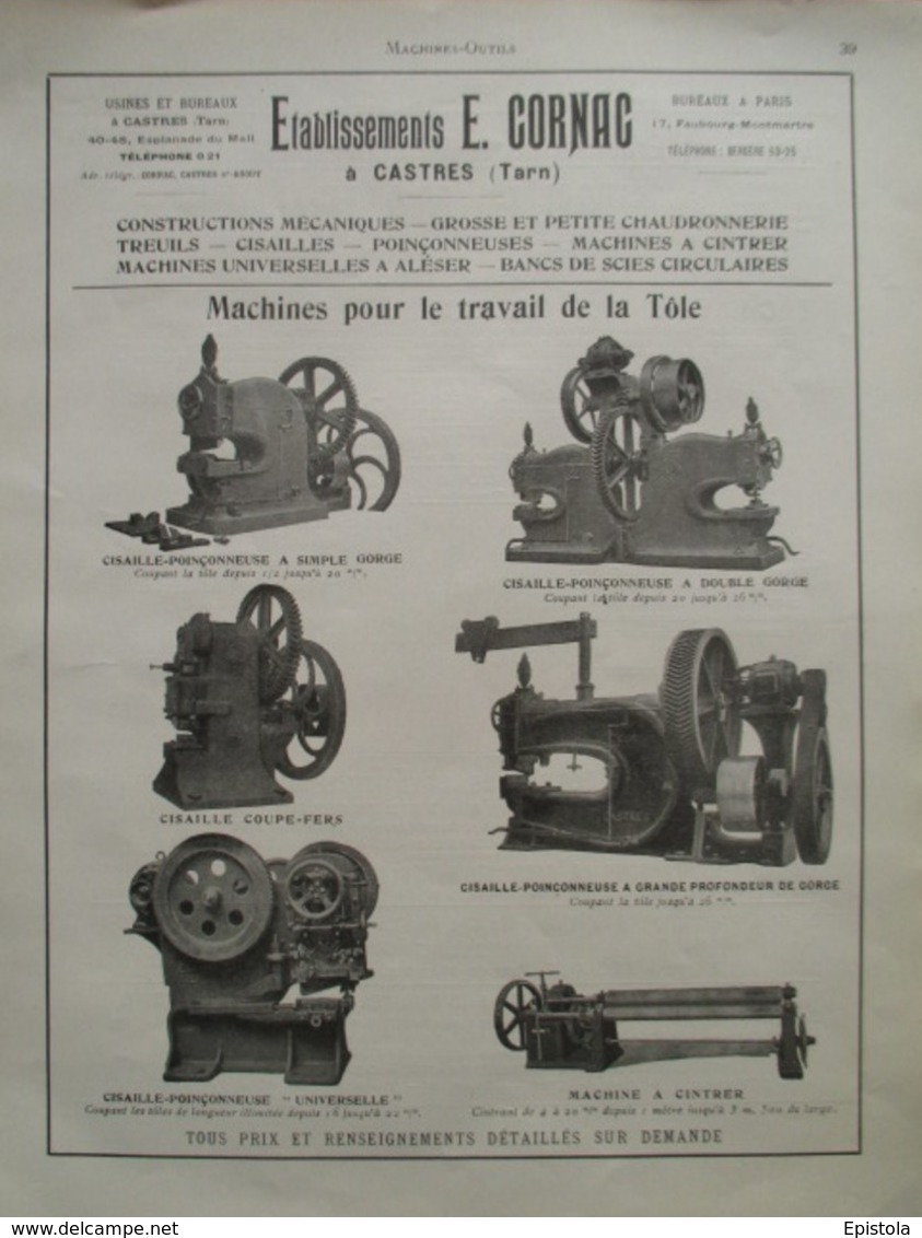 Machine Outil Pour TOLERIE - Ets CORNAC à Castres (Tarn) - Page Catalogue Technique De 1925 (Dims Env 22 X 30 Cm) - Machines