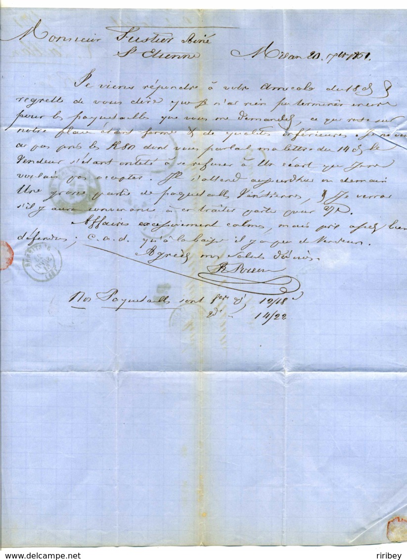 Sardaigne YT N°13 Sur Lettre De MILANO + Marque D'entrée En France Italie Ambulant  Marseille / 1861 - Entry Postmarks