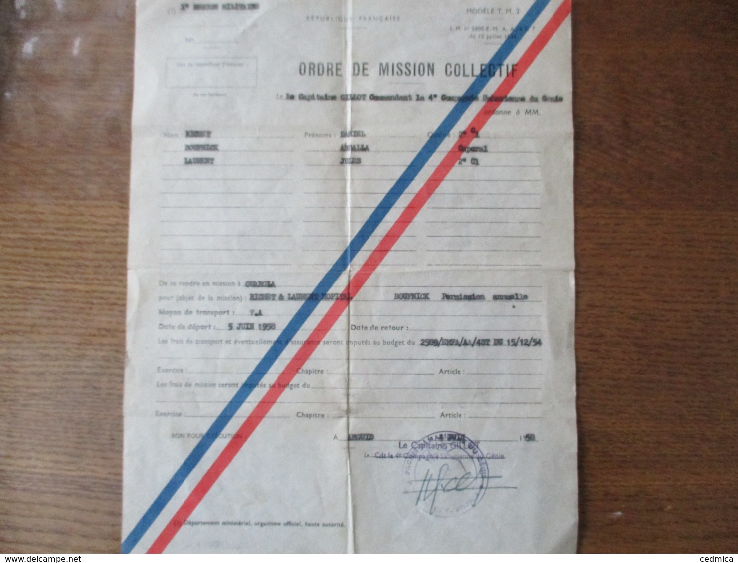 ORDRE DE MISSION COLLECTIF DU 4 JUIN 1958 4e COMPAGNIE SAHARIENNE DU GENIE LE CAPITAINE GILLOT POUR OUARGLA - Documents