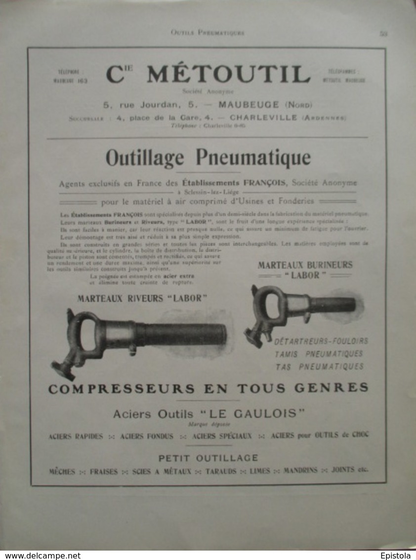 Machine Pneumatique à Main MARTEAU Burineur  METOUTIL  Maubeuge - Page Catalogue Technique De 1925 (Dims Env 22 X 30 Cm) - Maschinen