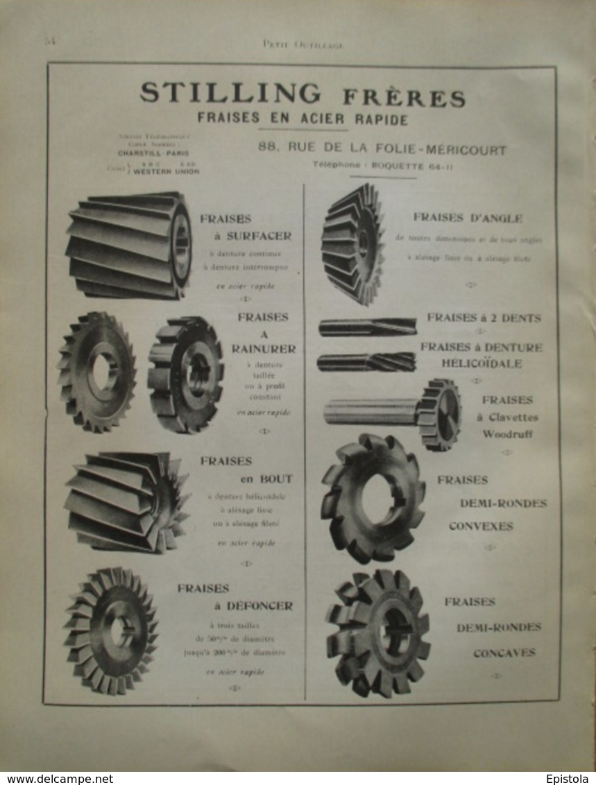 Fraises Pour Machine Outil Fraiseuse Stilling   - Page Catalogue Technique De 1925 (Dims Env 22 X 30 Cm) - Maschinen