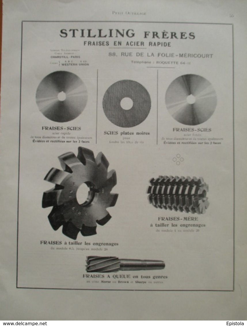 Fraises Scies  Pour Machine Outil  Stilling   - Page Catalogue Technique De 1925 (Dims Env 22 X 30 Cm) - Maschinen