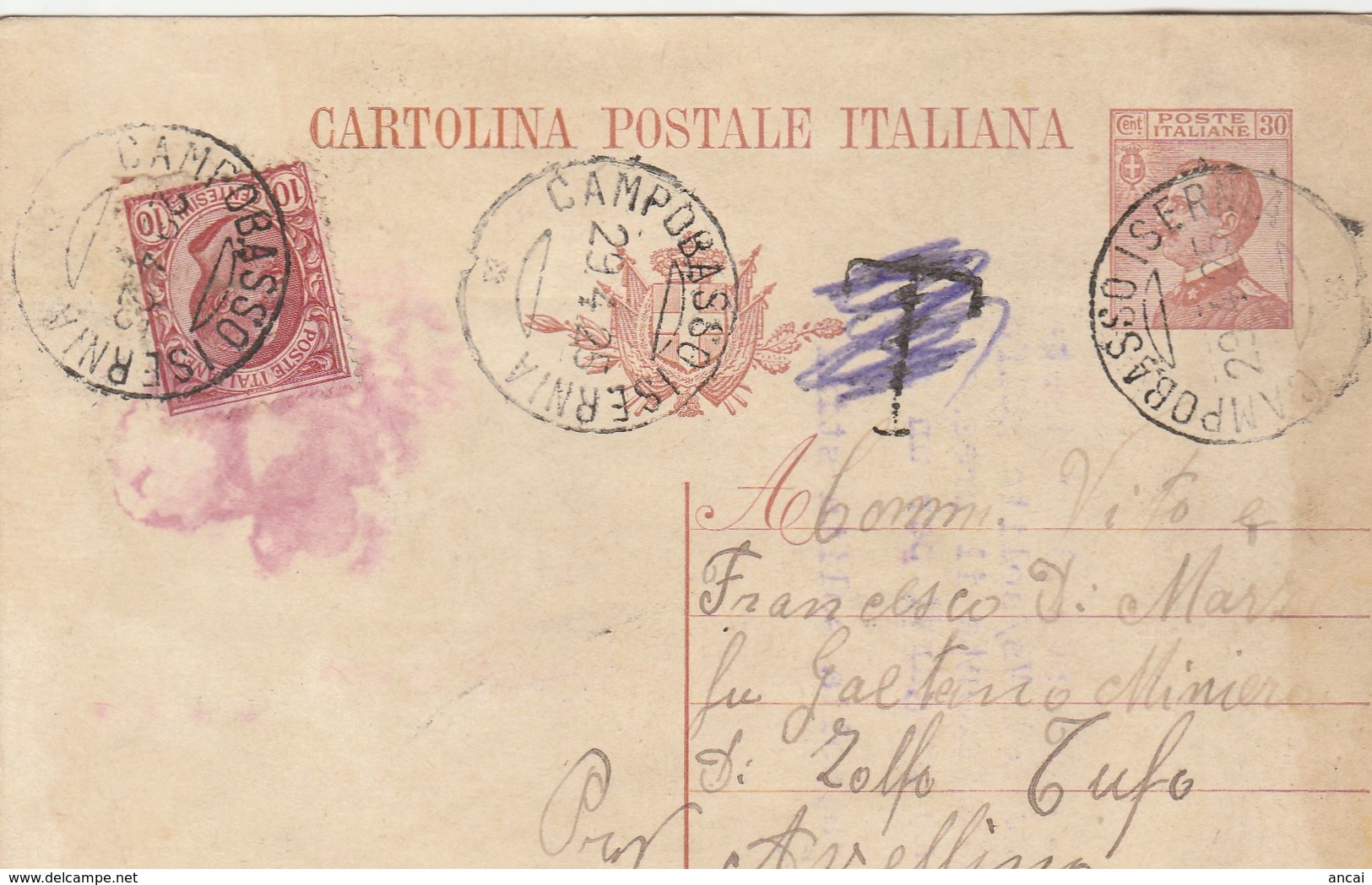 1925. Annullo Ambulante CAMPOBASSO  ISERNIA,  Su Cartolina Postale Con Testo. Segno Di Tassa T, Cancellato - Storia Postale