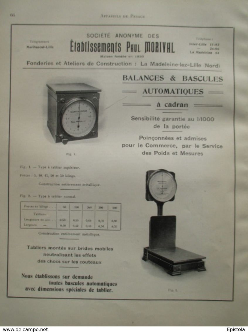 BASCULE De Commerce  Ets Paul MORIVAL  La Madeleine Lez Lille  - Page Catalogue Technique De 1925 (Dims Env 22 X 30 Cm) - Other Apparatus