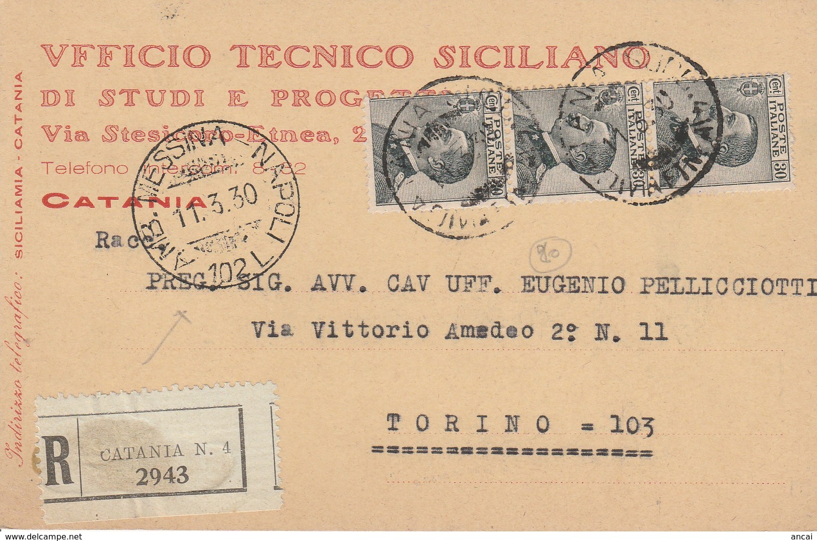 1930. Annullo Ambulante AMB MESSINA - NAPOLI 102 L,  Su Cartolina Postale R PUBBLICITARIA, In Partenza Da Catania - Storia Postale