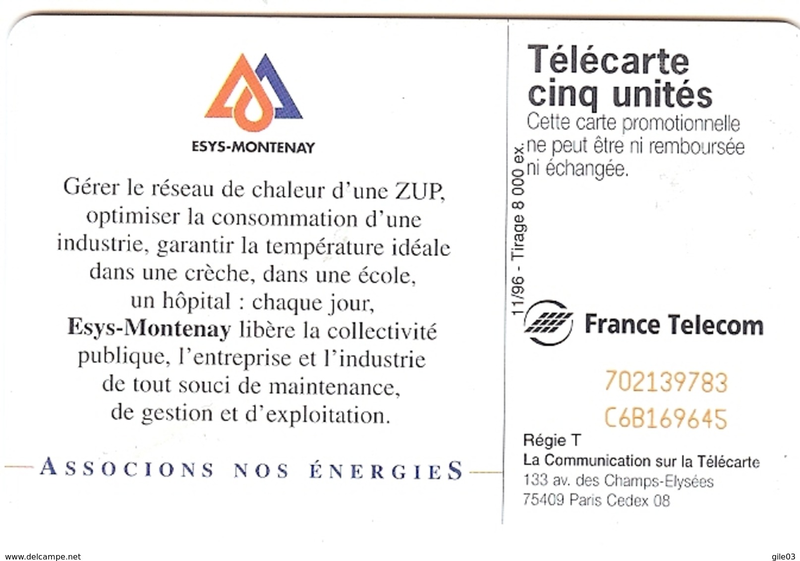 TELECARTE  ESYS MONTENAY   11/96  TIRAGE 8000 EX - Ohne Zuordnung