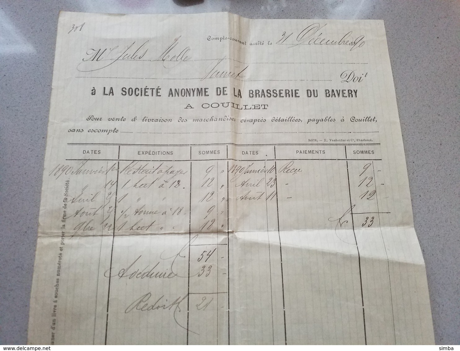 Couillet Société Anonyme De La Brasserie De Bavery Quittance 1890 - Non Classés