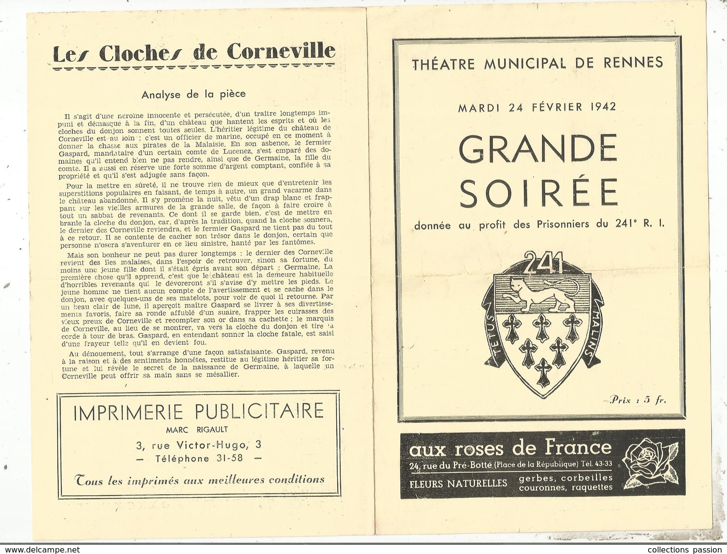 JC,programme,théatre Municipal De Rennes,Grande Soirée Au Profit Des Prisonniers Du 241 E R.I ,,1942, Frais Fr 1.75 E - Programas