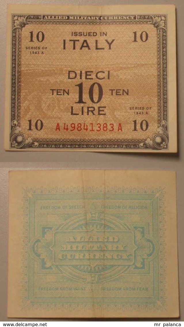 M_p> Banconota 10 LIRE ALLIED MILITARY CURRENCY 1943 A - BILINGUE - Occupazione Alleata Seconda Guerra Mondiale