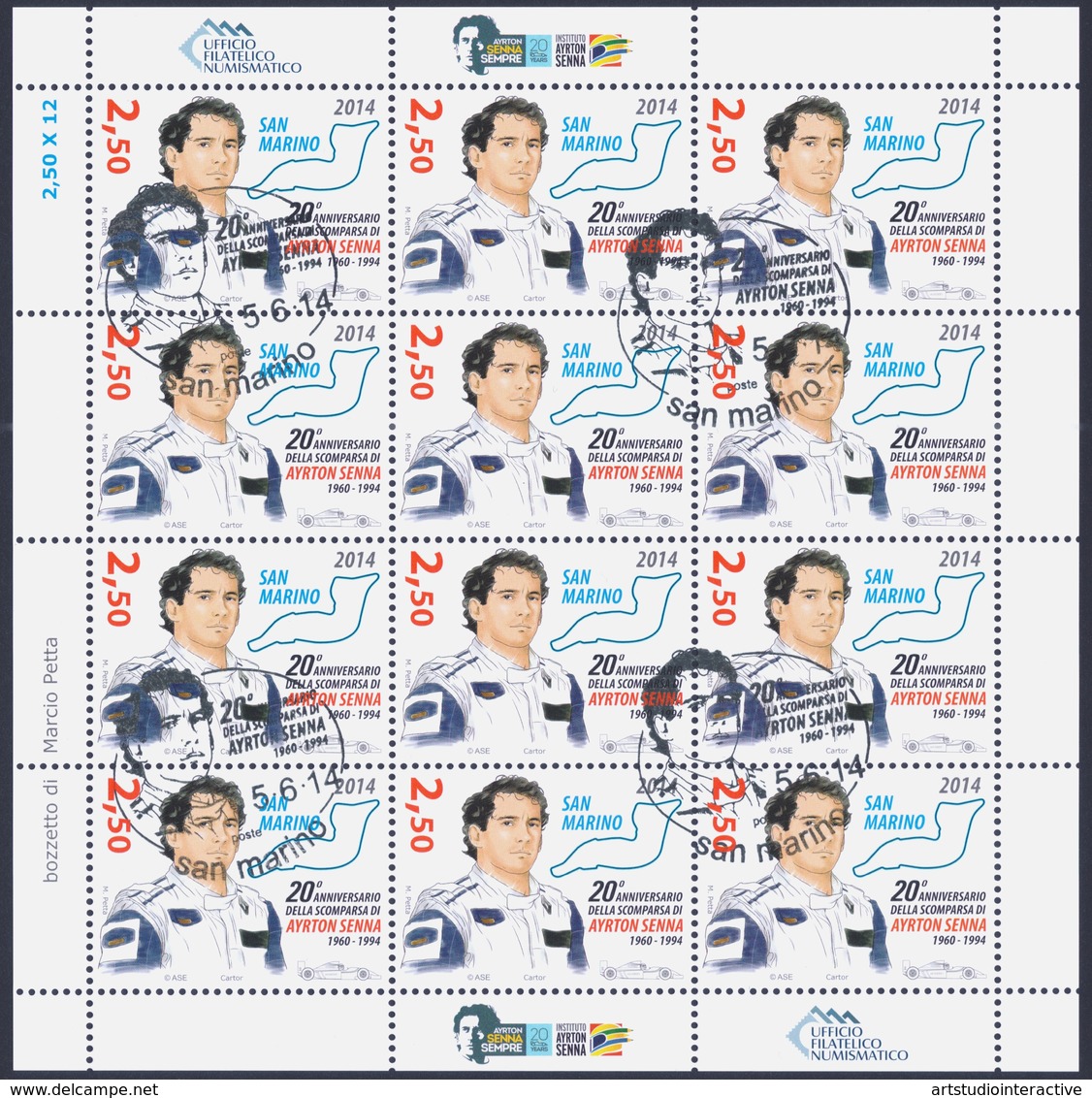 2014 SAN MARINO "20° ANNIVERSARIO SCOMPARSA AYRTON SENNA" MF ANNULLO PRIMO GIORNO - Used Stamps