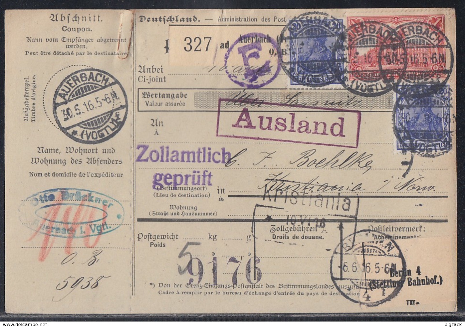 DR Paketkarte Mif Minr.2x 87,94 Auerbach 30.5.16 Gel. Nach Norwegen Mit Zollerklärung - Briefe U. Dokumente