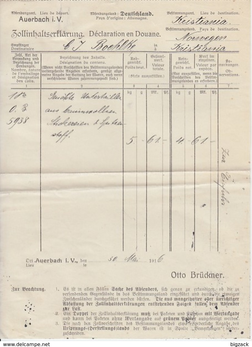 DR Paketkarte Mif Minr.2x 87,94 Auerbach 30.5.16 Gel. Nach Norwegen Mit Zollerklärung - Briefe U. Dokumente