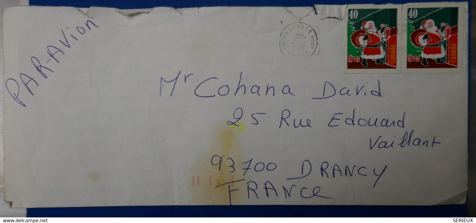 32 CANADA LETTRE 1991 POUR DRANCY FRANCE PAR AVION - Storia Postale