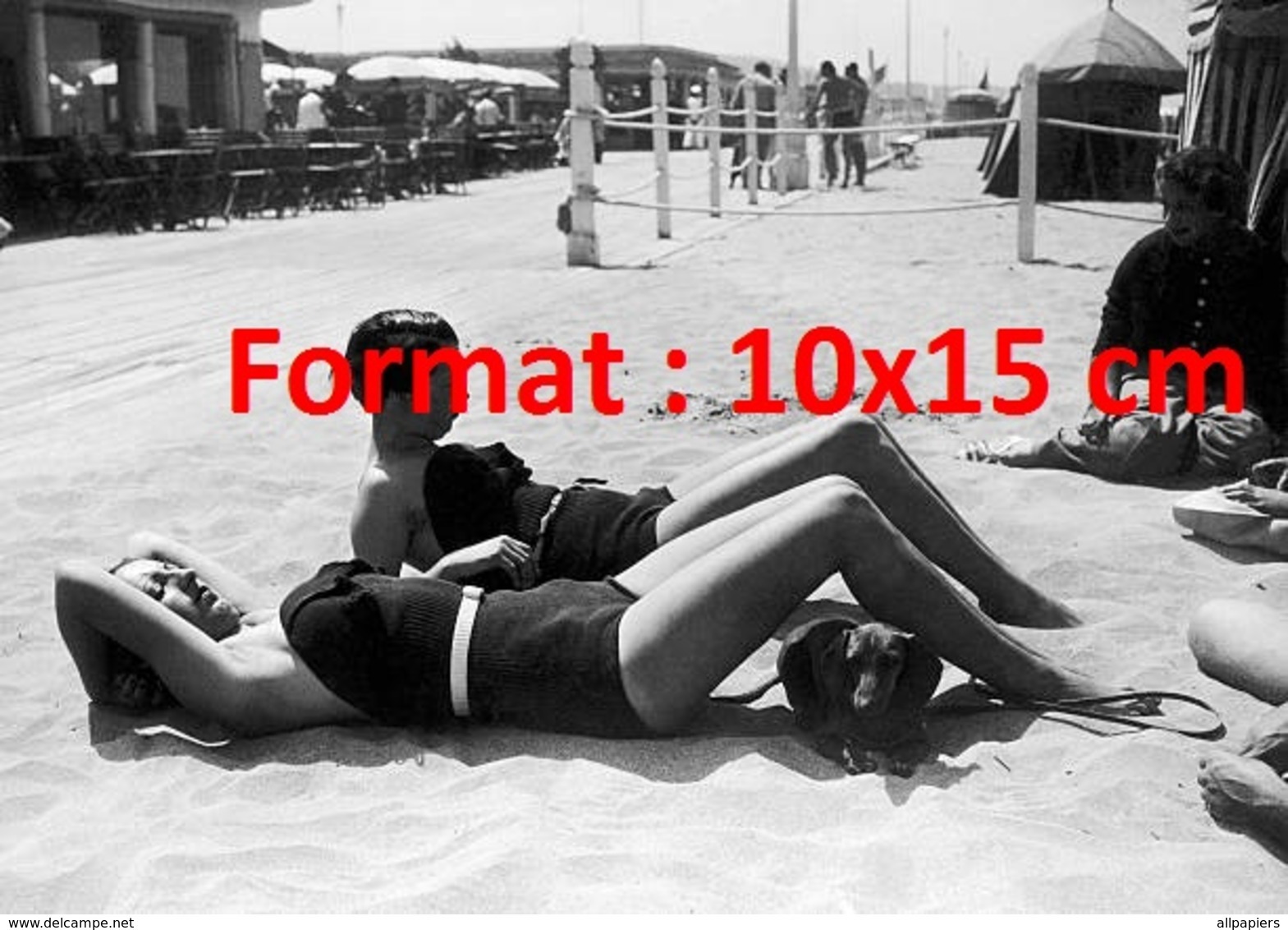 Reproduction D'une Photographie Ancienne De Deux Femmes Sur La Plage Avec Leur Chien Teckel En 1935 - Autres & Non Classés