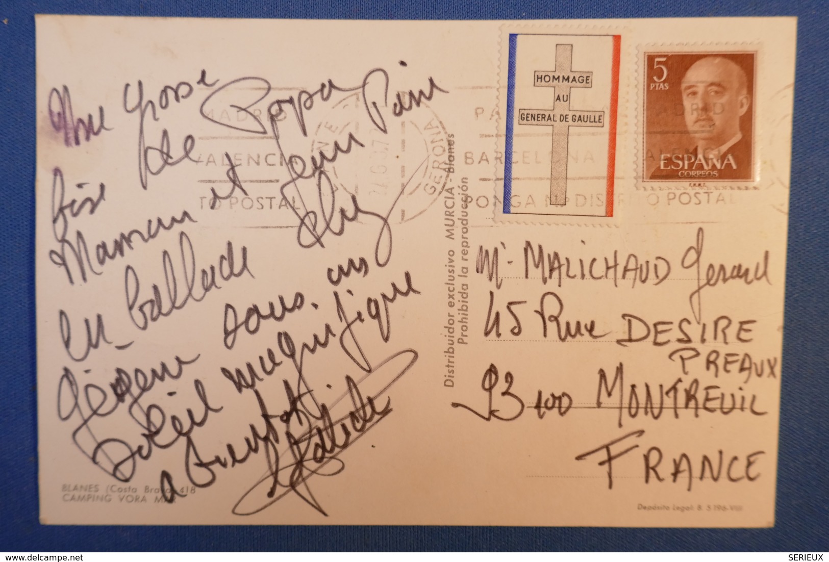 A24 ESPAGNE CARTE 1950 BLANES POUR MONTREUIL RANCE + BINATIONAL  AFRANCHISSEMENT - Cartas & Documentos