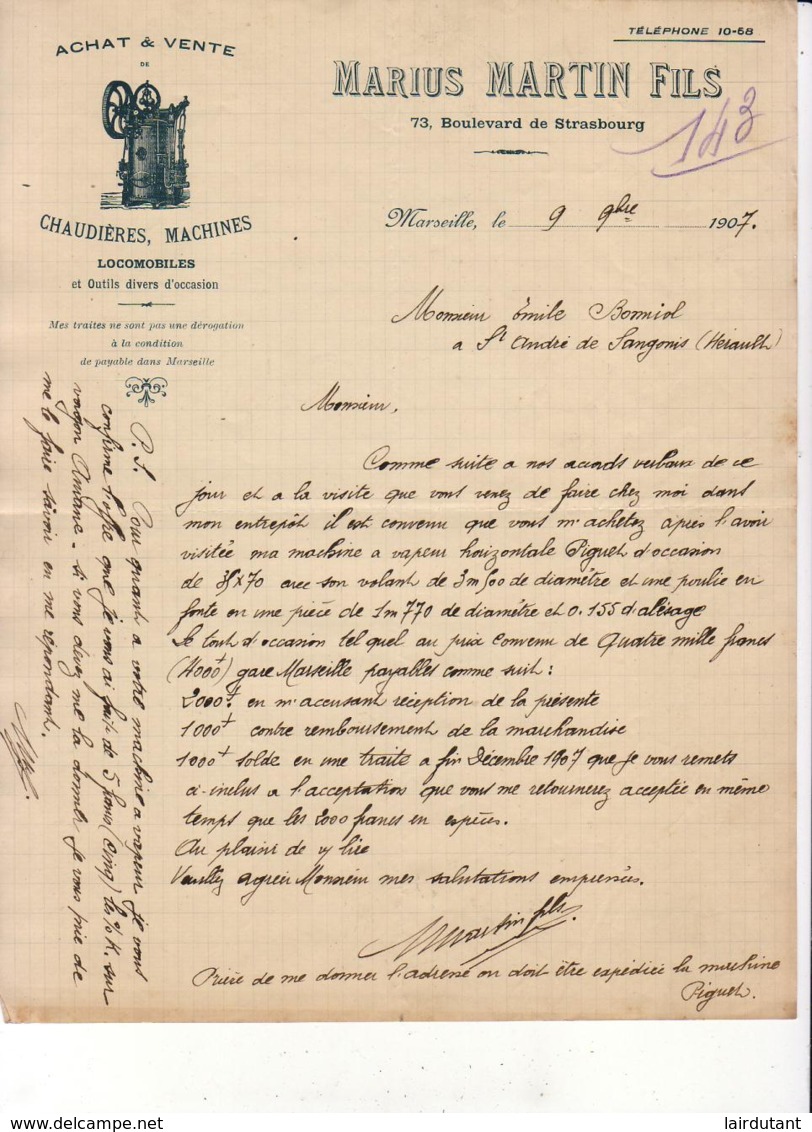 CHAUDIERES MACHINES LOCOMOBILES MARIUS MARTIN à MARSEILLE  ......... CORRESPONDANCE COMMERCIALE DE 1907 - Automobilismo