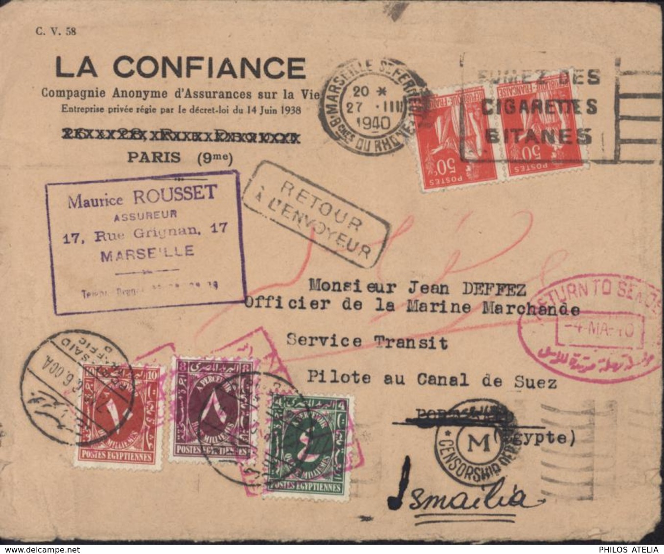 France Pour Port Saïd Barré Ismailia Manuscrit Cachet Censorship M YT France 283 X2 Taxe Egypte YT 31 34 35 - 2. Weltkrieg 1939-1945