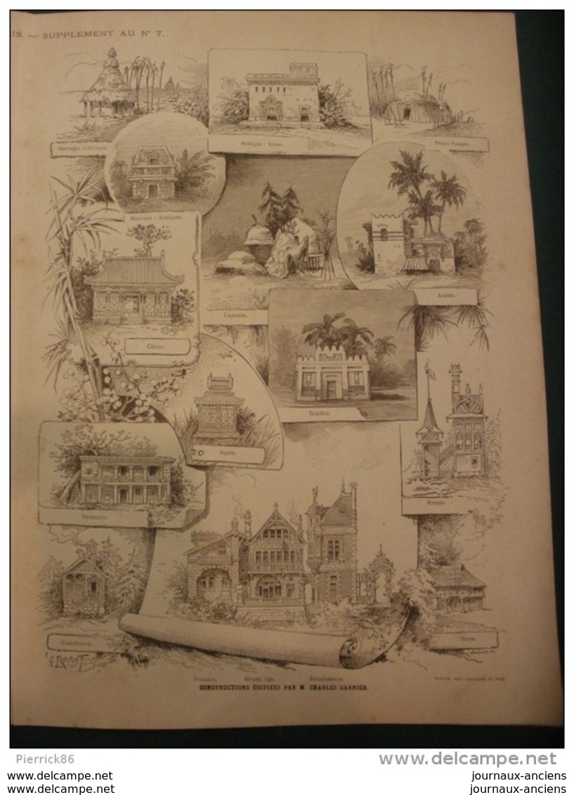 L'EXPOSITION DE PARIS 1889 SUPPLEMENT N° 7 HISTOIRE DE L'HABITATION HUMAINE / CONSTRUCTION EDIFIEES PAR CHARLES GARNIER - 1850 - 1899