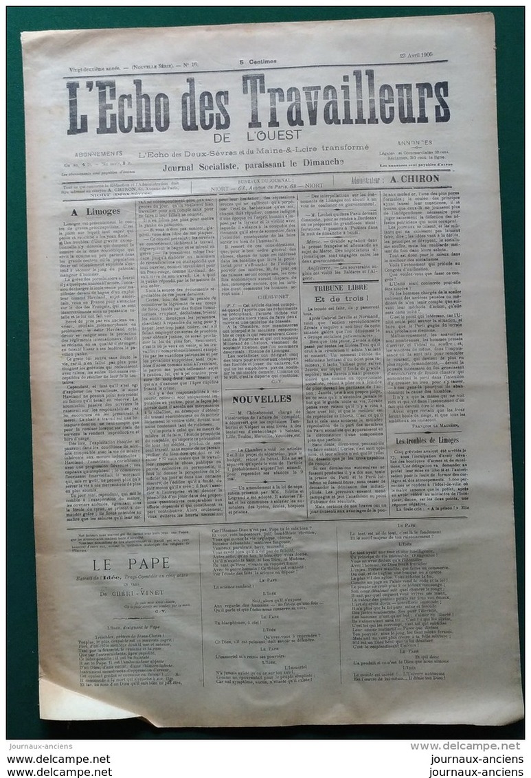 1905 L'ECHO DES TRAVAILLEURS DE L'OUEST - LIMOGES " GREVE DES PORCELAINIERS " - NIORT - PARTHENAY - PAMPLLIE - Autres & Non Classés