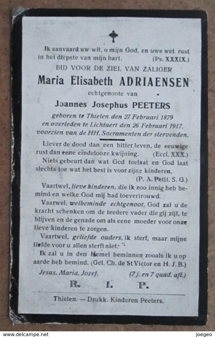 Maria Elisabeth Adriaensen, Echtgenoote Van Joannes Josephus Peeters - Thielen 27/02/1879 - Lichtaert 26/02/1917 - Décès