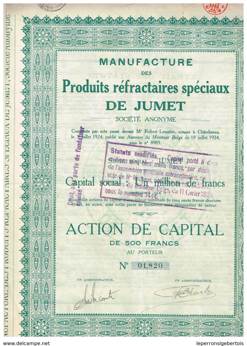 Titre Ancien - Manufacture De Produits Réfractaires Spéciaux De Jumet - Société Anonyme  - Titre De 1924 - - Industrie