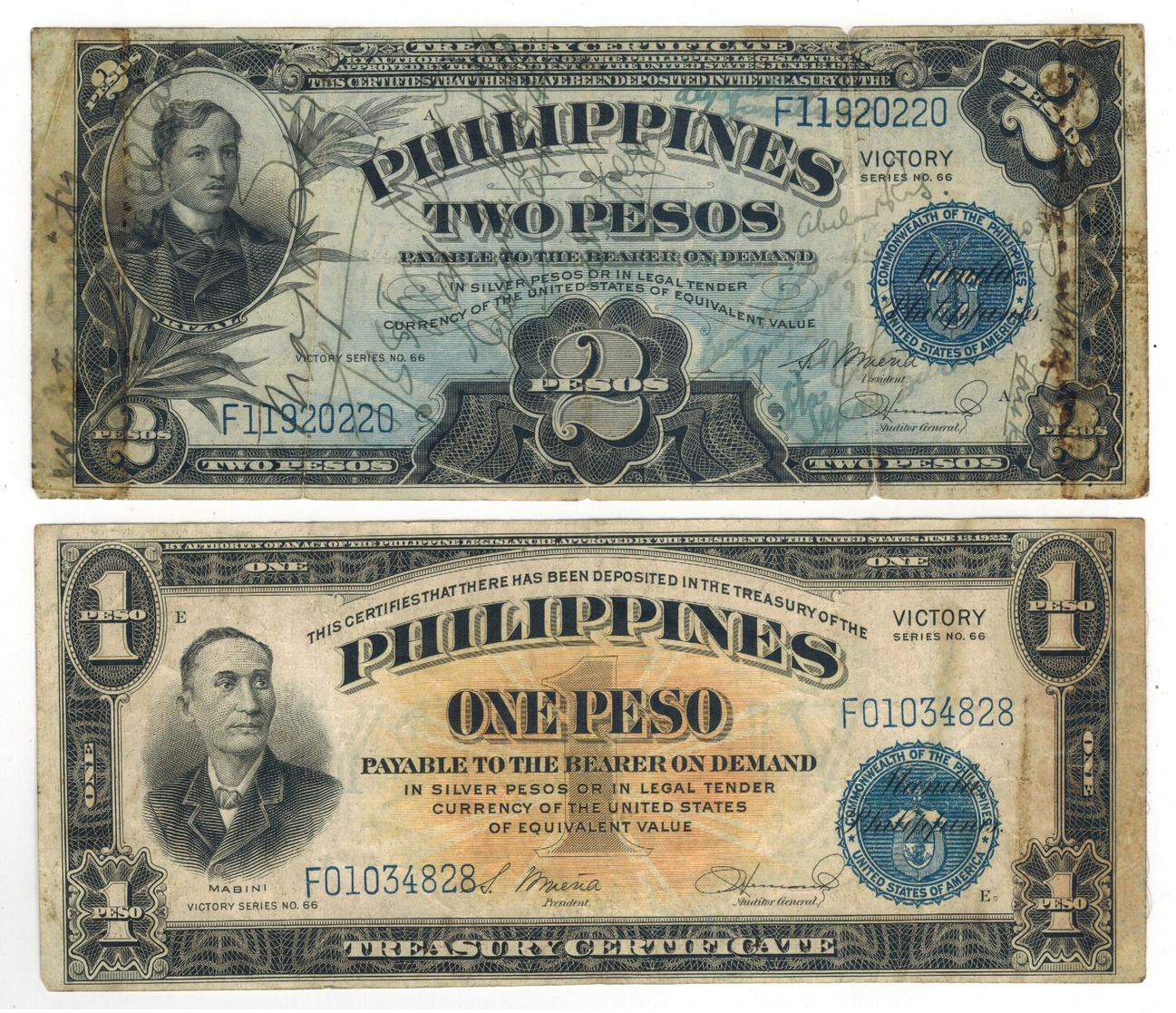 Philippines 1 & 2 Pesos Victory Series, Used, Short Snorter Notes. - Filippijnen