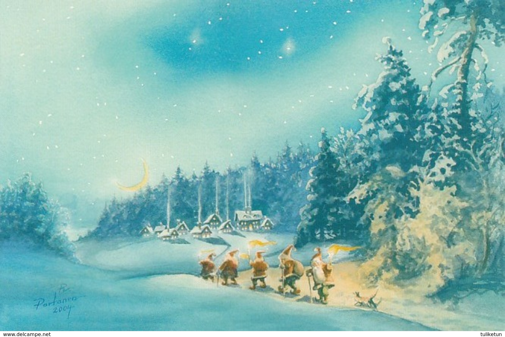 Gnomes - Brownies - Elves Walking In Winter Landscape - Raimo Partanen - Double Card - Autres & Non Classés