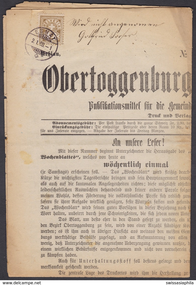 1888  ZIFFER MARKE ALS FRANKATUR AUF OBER - TOGGENBURGER WOCHENBLATT / EBNAT / SEHR SELTEN !!! - Briefe U. Dokumente