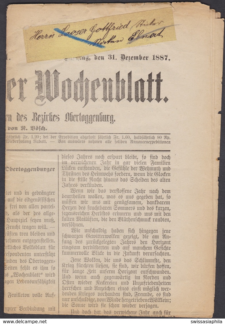 1888  ZIFFER MARKE ALS FRANKATUR AUF OBER - TOGGENBURGER WOCHENBLATT / EBNAT / SEHR SELTEN !!! - Briefe U. Dokumente