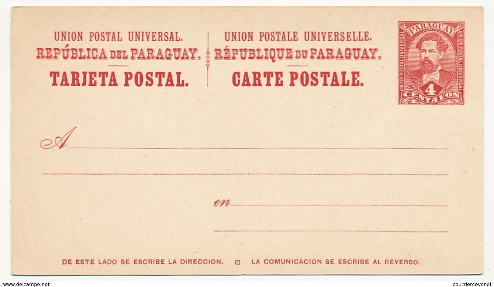 PARAGUAY - Entier Postal - Carte Postale 4 Centavos Rouge - Paraguay
